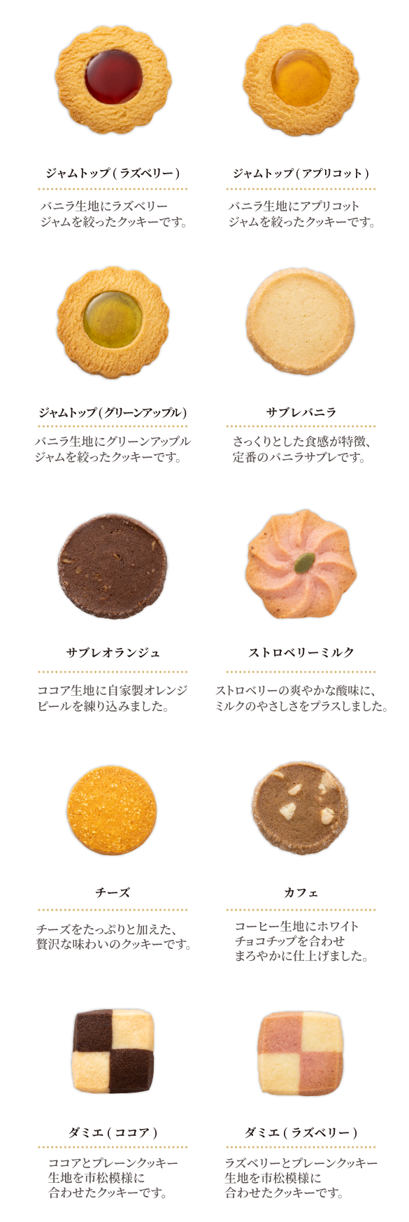 ジャムトップ(ラズベリー)・ジャムトップ(アプリコット)・ジャムトップ(グリーンアップル)・サブレバニラ・サブレオランジュ・ストロベリーミルク・チーズ・カフェ・ダミエ(ココア)・ダミエ(ラズベリー)